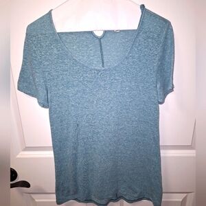A Patagonia short sleeve ladies t-shirt in a size small.  Heathered blue